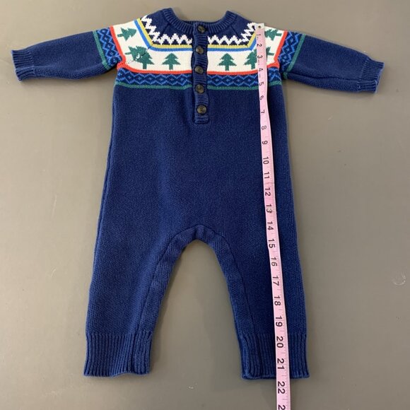 Hanna Andersson 75 12-18 Months Sweater Romper Knit Fair Isle Holiday Trees Navy - Picture 11 of 14